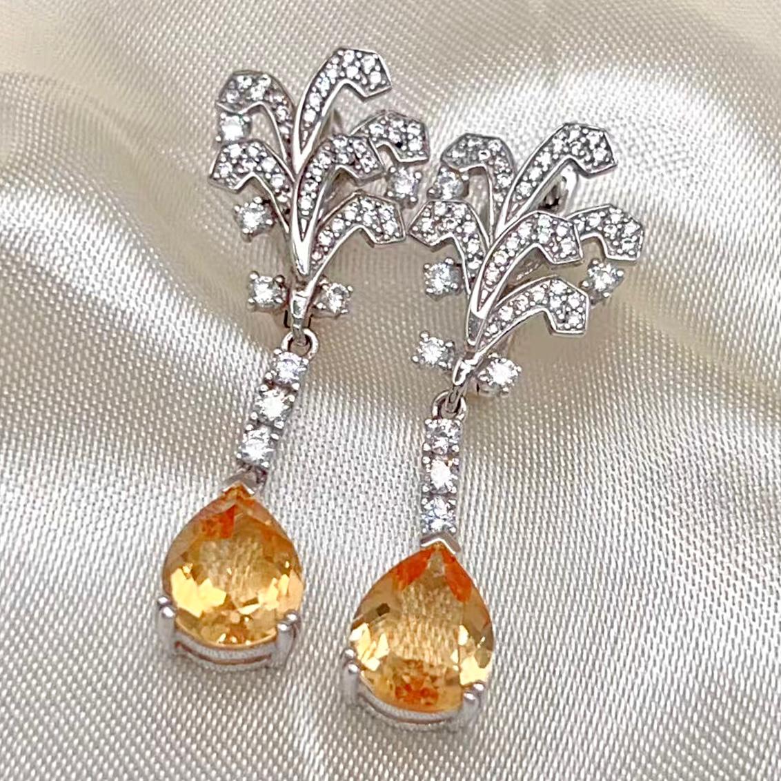 Citrine Pear Drop Leaf Vine Earrings Silver 925