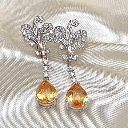 Citrine Pear Drop Leaf Vine Earrings Silver 925