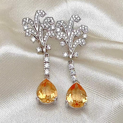 Citrine Pear Drop Leaf Vine Earrings Silver 925