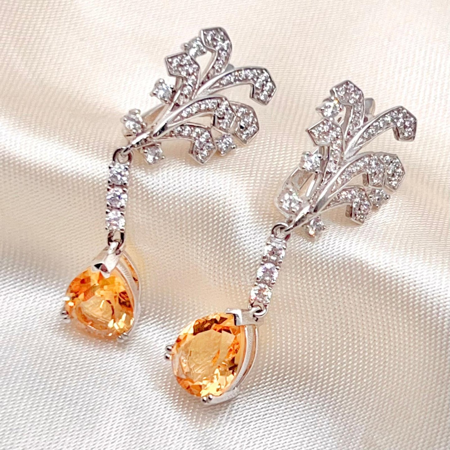 Citrine Pear Drop Leaf Vine Earrings Silver 925