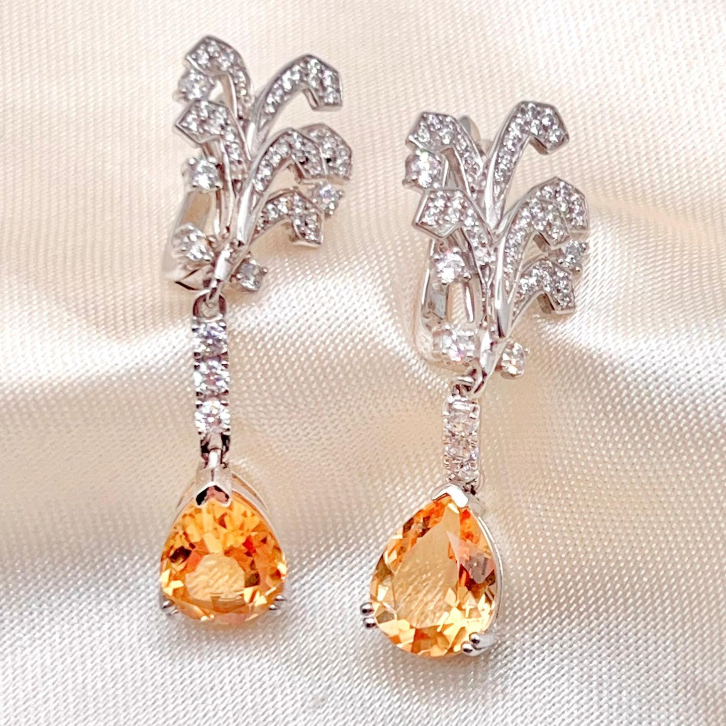 Citrine Pear Drop Leaf Vine Earrings Silver 925