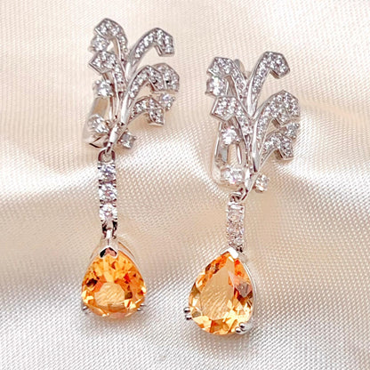Citrine Pear Drop Leaf Vine Earrings Silver 925