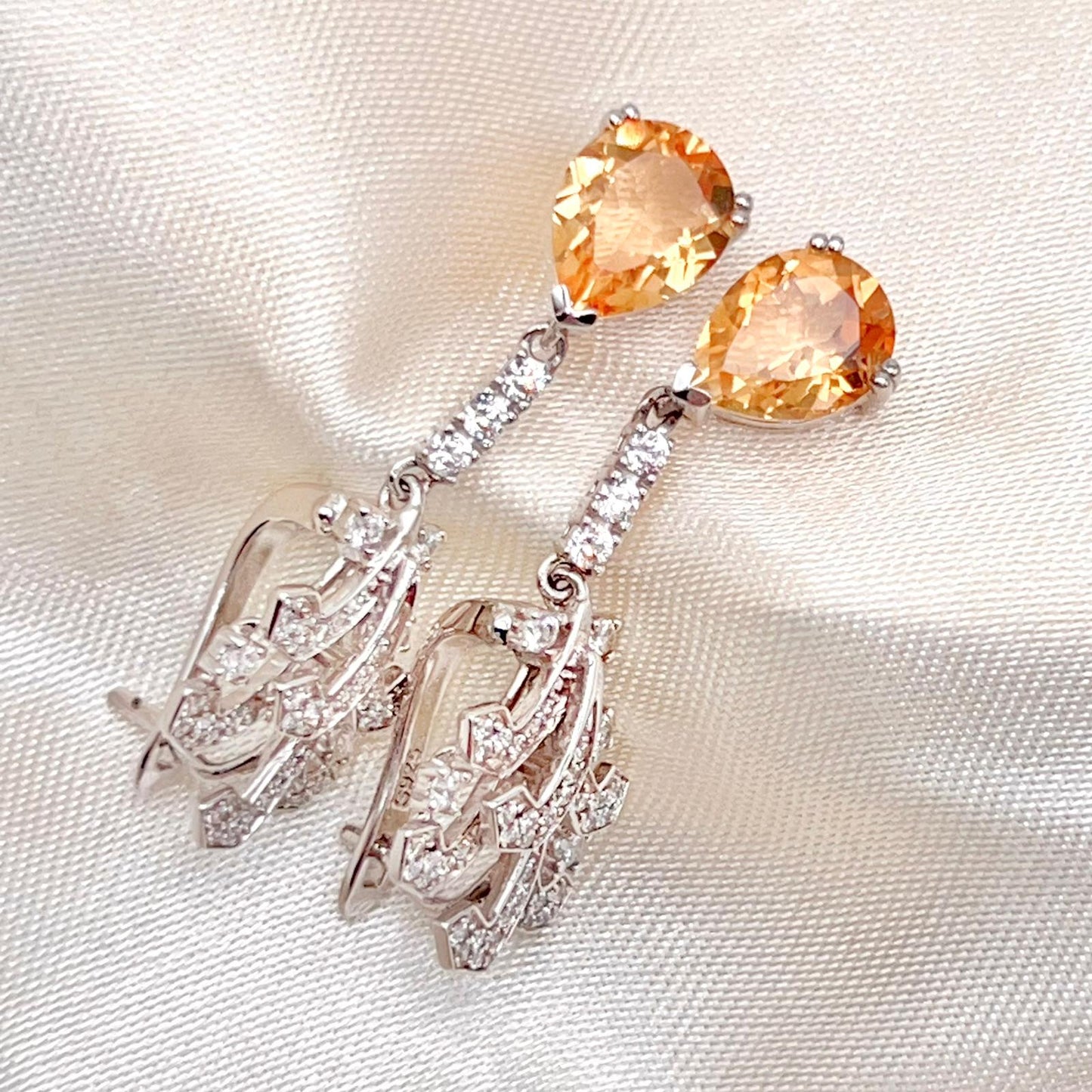 Citrine Pear Drop Leaf Vine Earrings Silver 925
