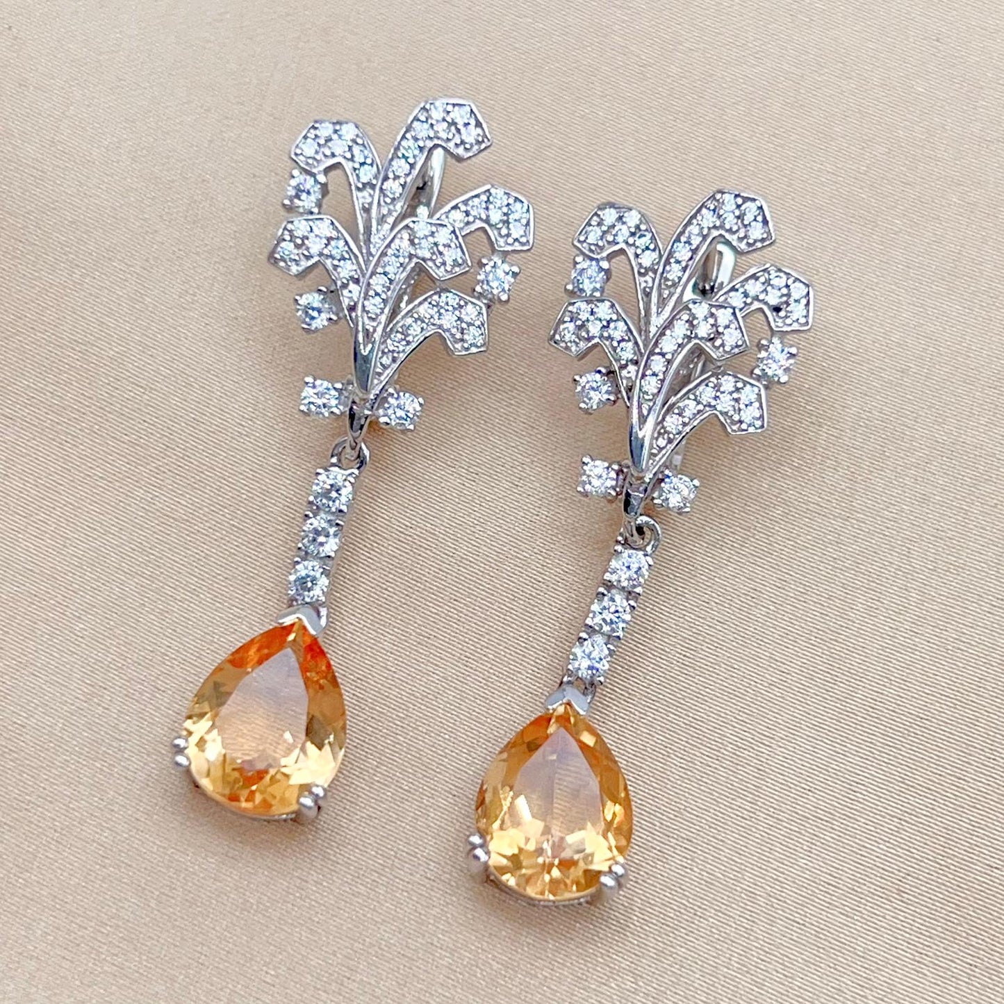 Citrine Pear Drop Leaf Vine Earrings Silver 925