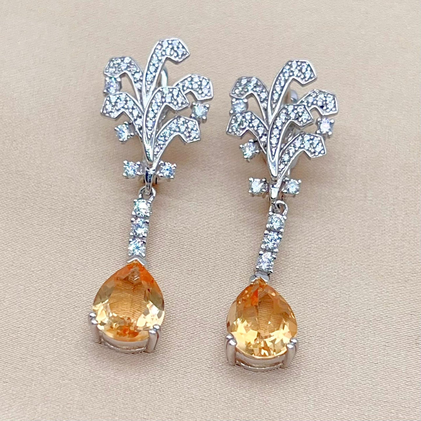 Citrine Pear Drop Leaf Vine Earrings Silver 925