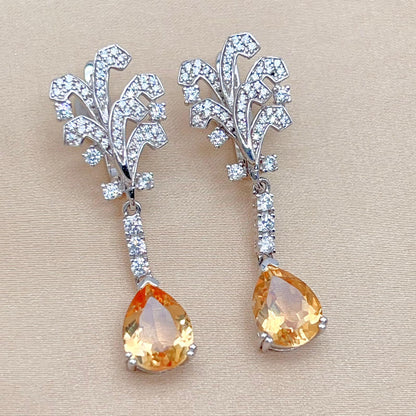Citrine Pear Drop Leaf Vine Earrings Silver 925