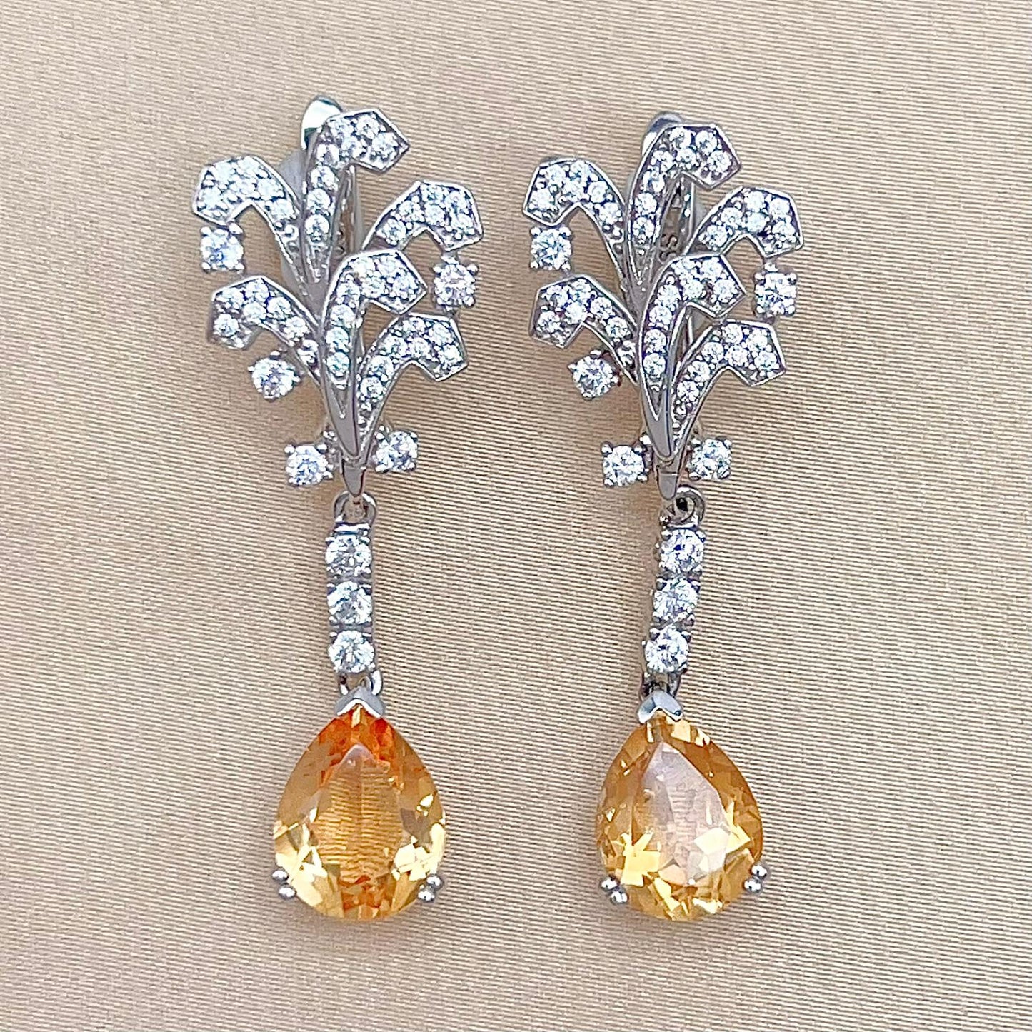 Citrine Pear Drop Leaf Vine Earrings Silver 925