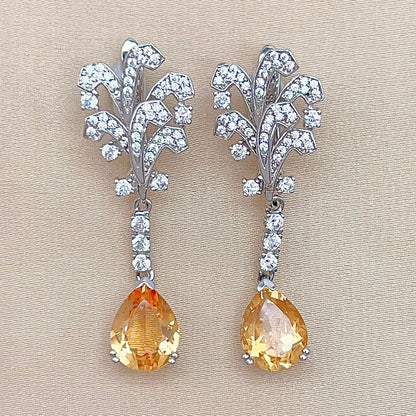 Citrine Pear Drop Leaf Vine Earrings Silver 925