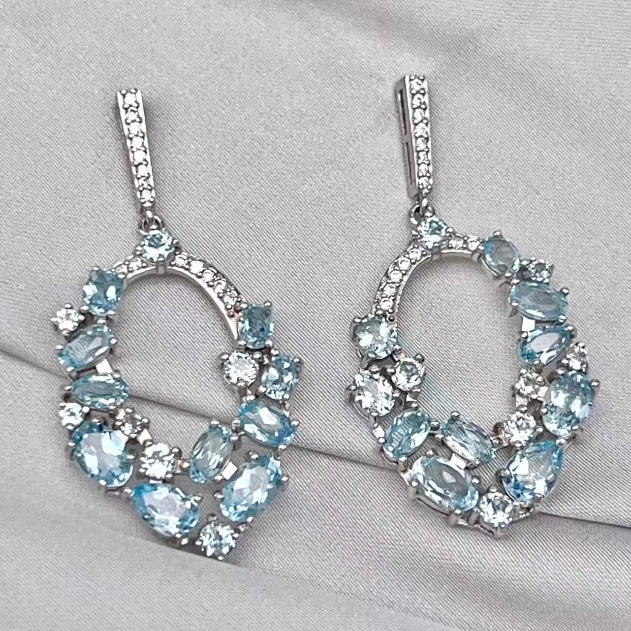 Blue Topaz Oval Cluster Drop Earrings Silver 925
