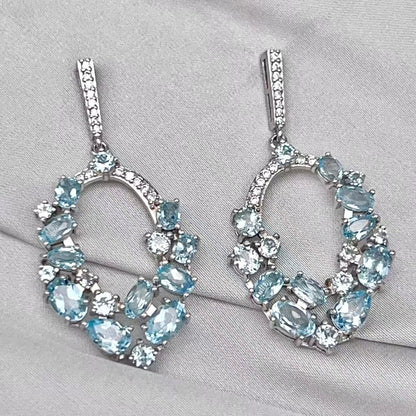 Blue Topaz Oval Cluster Drop Earrings Silver 925