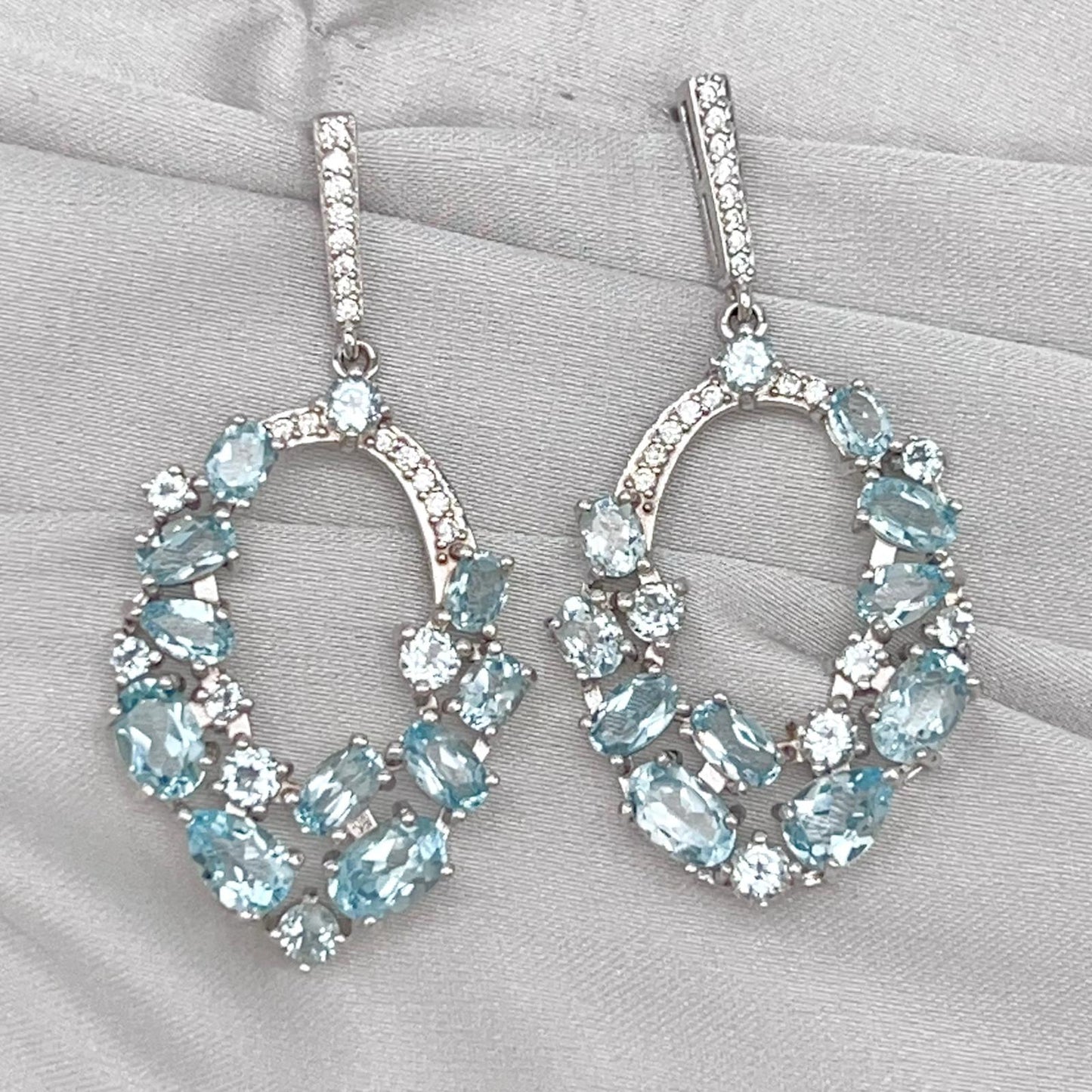 Blue Topaz Oval Cluster Drop Earrings Silver 925