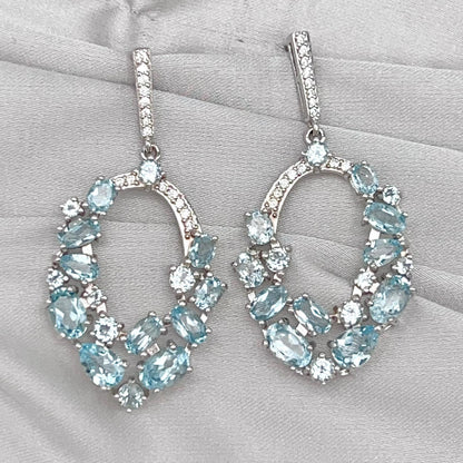 Blue Topaz Oval Cluster Drop Earrings Silver 925