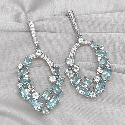 Blue Topaz Oval Cluster Drop Earrings Silver 925