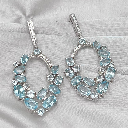 Blue Topaz Oval Cluster Drop Earrings Silver 925