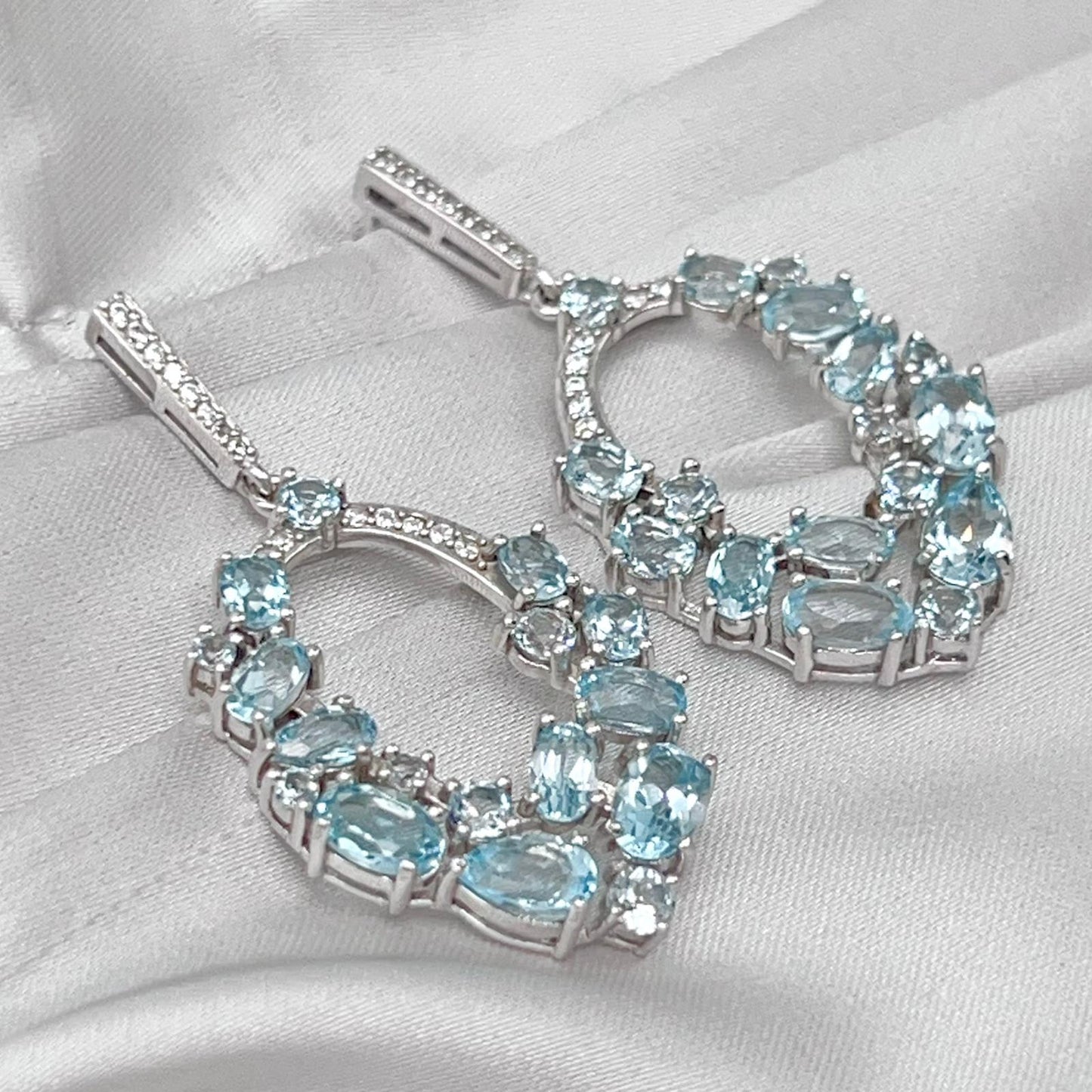 Blue Topaz Oval Cluster Drop Earrings Silver 925