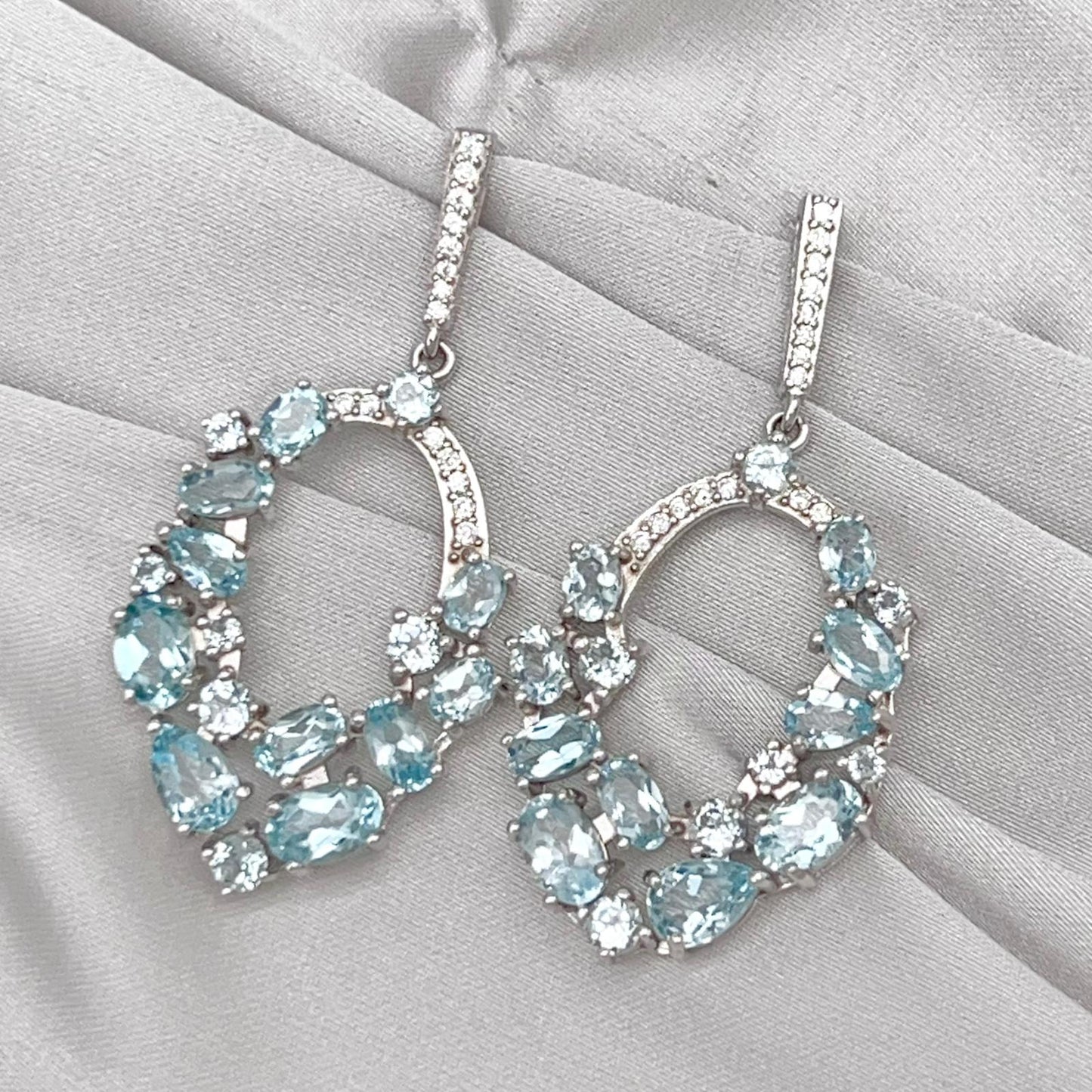 Blue Topaz Oval Cluster Drop Earrings Silver 925