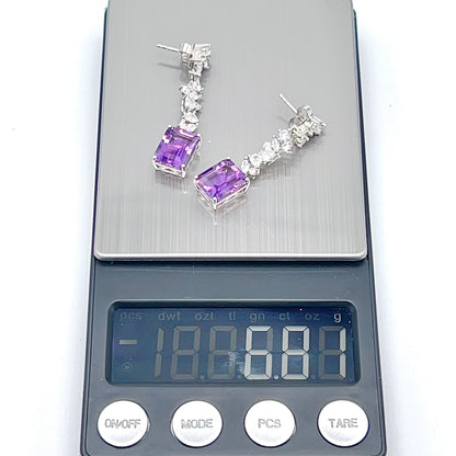 Contemporary Cocktail. Earring of Amethyst in Silver 925. Emerald Cut Rectangle