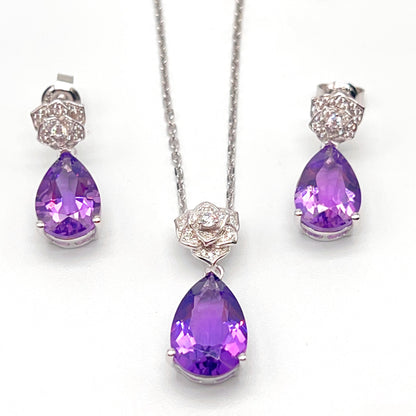 Contemporary Cocktail. Set of Amethyst in Silver 925. Camellia
