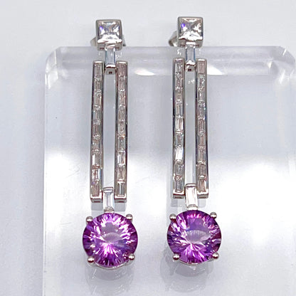 Contemporary Cocktail Amethyst Earrings in Silver 925 Round Art Deco Inspired
