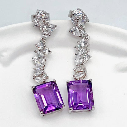 Contemporary Cocktail. Earring of Amethyst in Silver 925. Emerald Cut Rectangle
