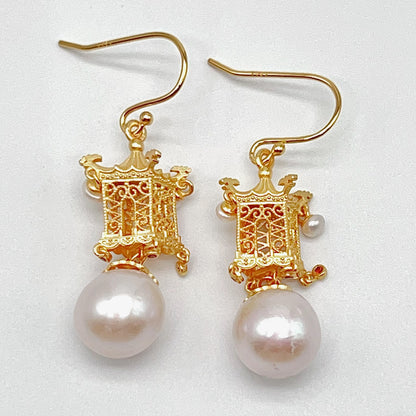 Retro Wind. Earring of Edison Pearl in Silver 925. Ancient Oriental Temple Three-Dimensional