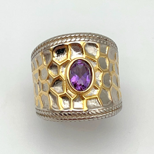 Retro Wind. Ring of Amethyst in Silver 925 .Golden Circle