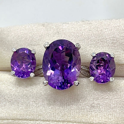 Contemporary Cocktail. Set of Amethyst Earring & Ring in Silver 925 . Oval Simple