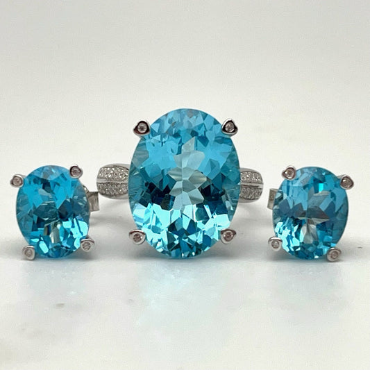 Contemporary Cocktail. Set of Topaz Earring & Ring in Silver 925 . Oval Simple