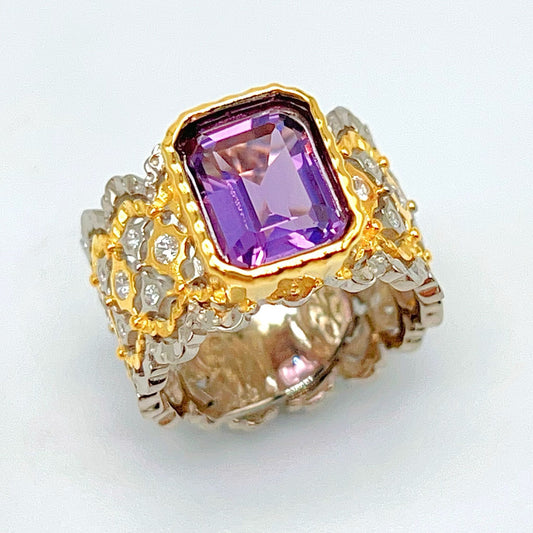 Ring with Emerald Cut Amethyst in Silver 925 (Adjustable)