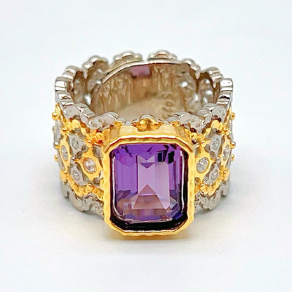 Contemporary Cocktail.Ring of Amethyst in Silver 925 . Tulle Inspired Wide