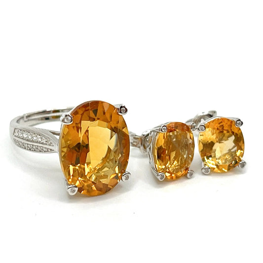 Contemporary Cocktail. Set of Citrine Earring & Ring in Silver 925 . Oval Simple