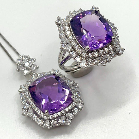 Pendant and ring in silver with amethyst