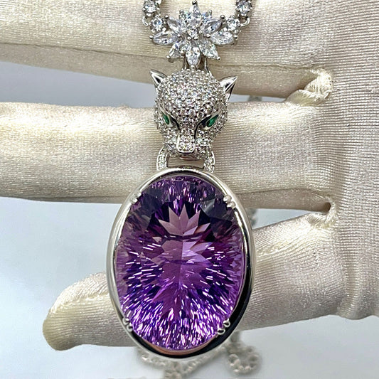 Contemporary Cocktail. Amethyst Pendant with Detachable Necklace in silver 925 . Panther