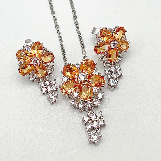 Floral Design Earrings & Pendant of Topaz and Citrine in Silver 925
