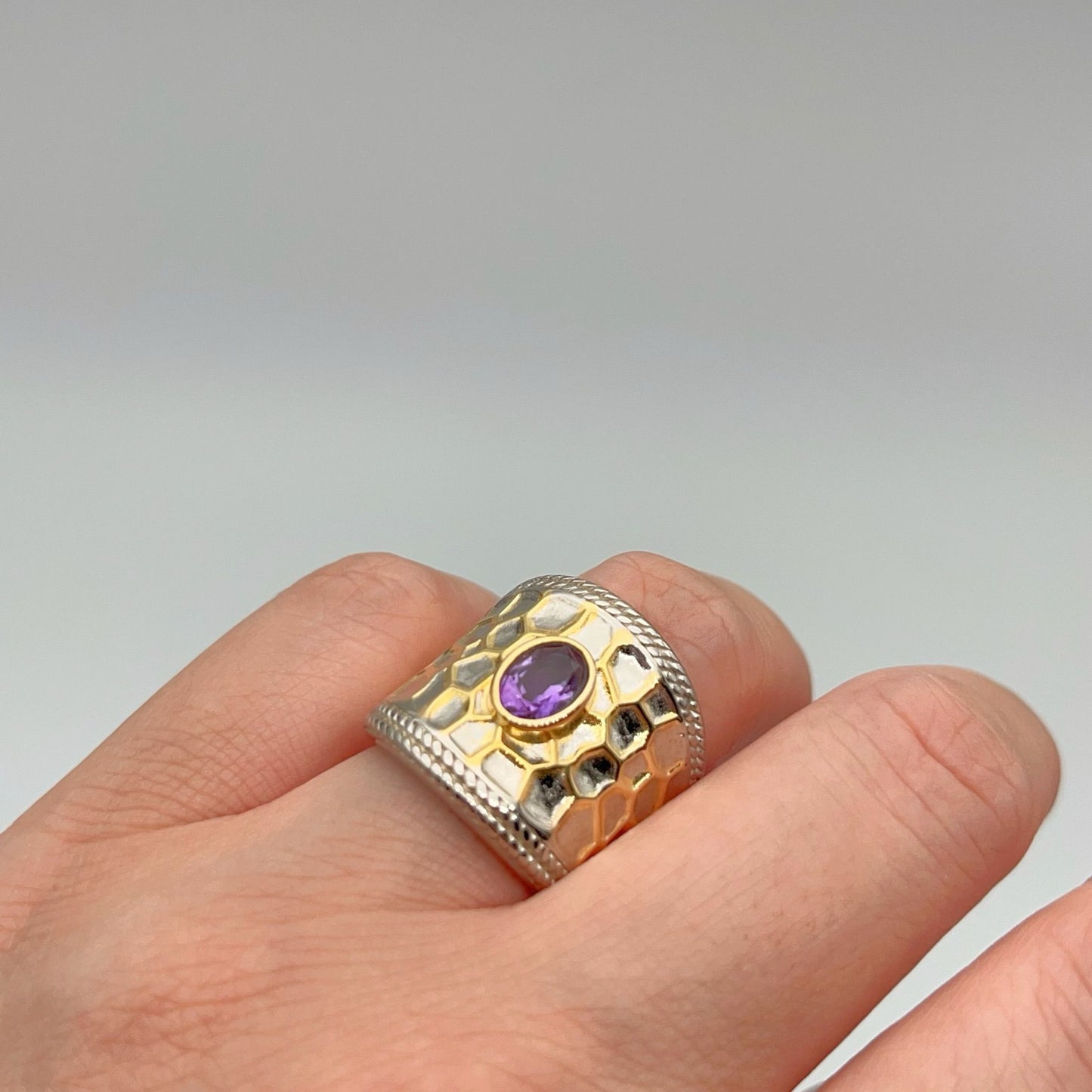 Retro Wind. Ring of Amethyst in Silver 925 .Golden Circle