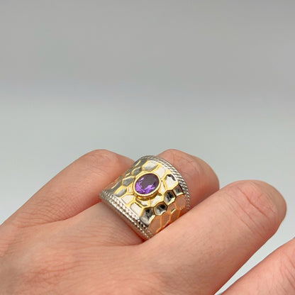 Retro Wind. Ring of Amethyst in Silver 925 .Golden Circle