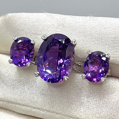Contemporary Cocktail. Set of Amethyst Earring & Ring in Silver 925 . Oval Simple