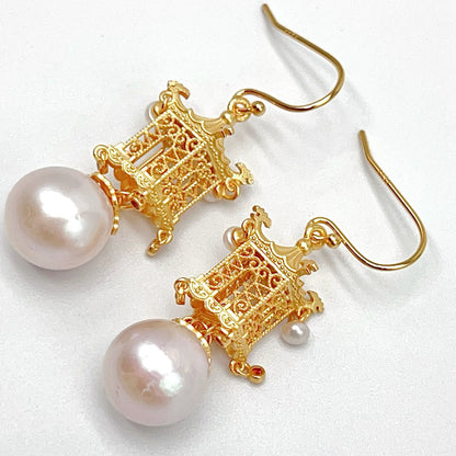 Oriental Ancient Temple Shape 3 Dimensional Silver 925 Earring