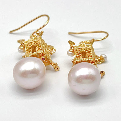 Oriental Ancient Temple Shape 3 Dimensional Silver 925 Earring