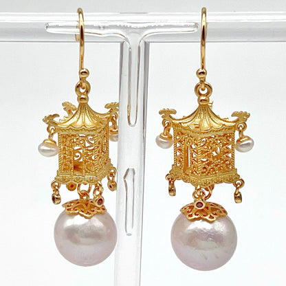 Oriental Ancient Temple Shape 3 Dimensional Silver 925 Earring