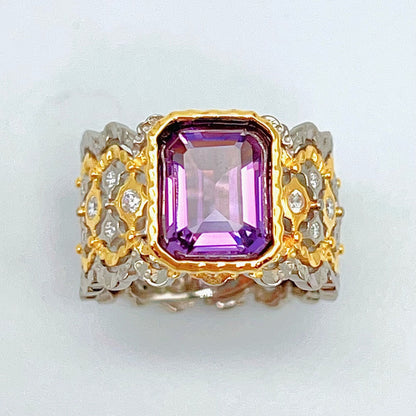 Contemporary Cocktail.Ring of Amethyst in Silver 925 . Tulle Inspired Wide