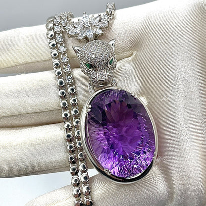 Contemporary Cocktail. Amethyst Pendant with Detachable Necklace in silver 925 . Panther